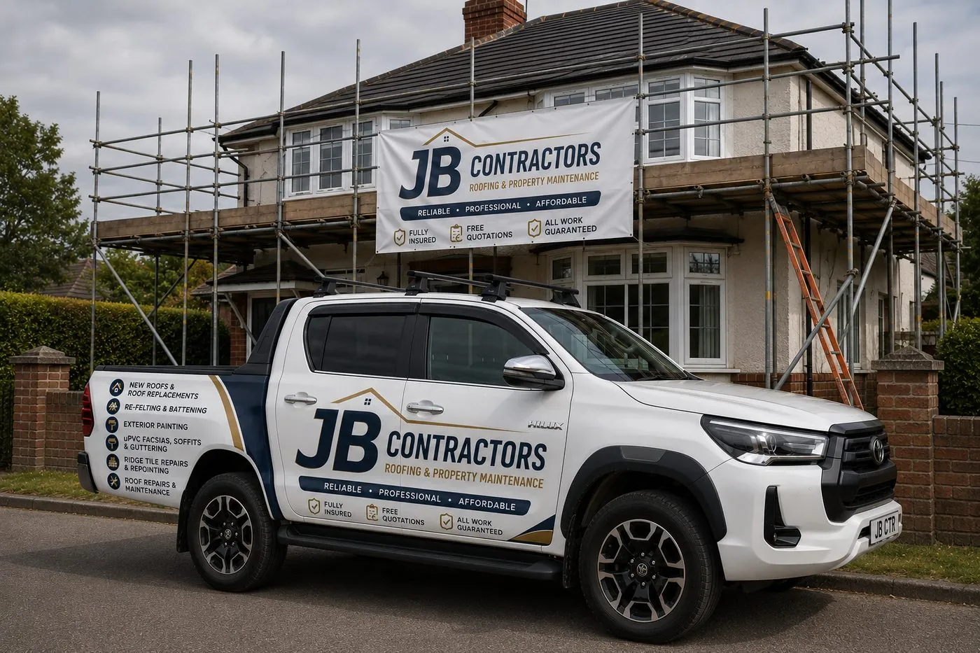 Okehampton Roofing pickup truck on site at a scaffolded roofing job in Okehampton